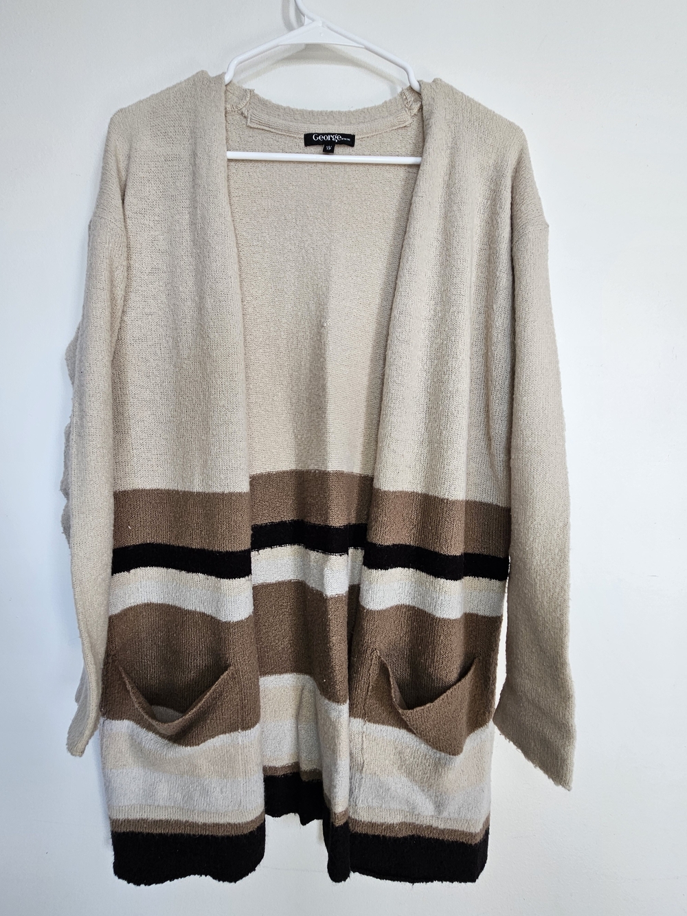 GEORGE Striped Open Front Cardigan Beige Brown Knit Sweater Pocket XS🔥